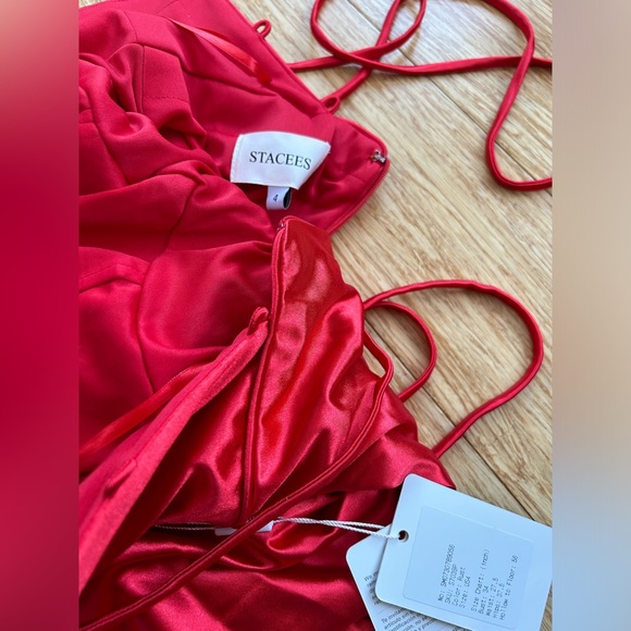 Stacees Size 4 Red Sheath Sweetheart Sweep Train Satin Dress with Pleated Split - Picture 9 of 13